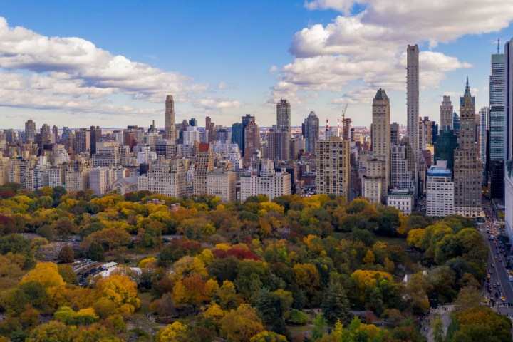 Aerial view of Central Park with a skyline of tall buildings under a partly cloudy sky.