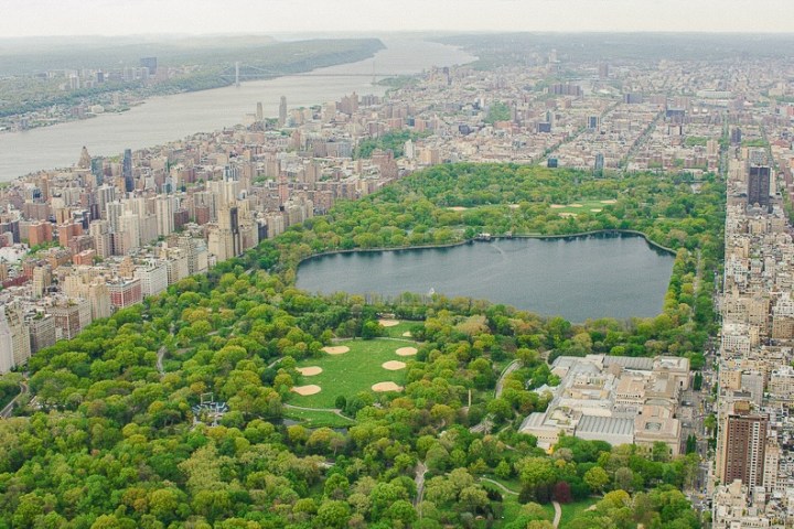 Aerial view of a large urban park with a lake, surrounded by city buildings.