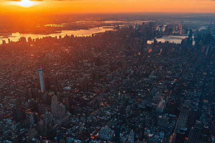 Aerial view of city skyline at sunset with vibrant orange sky.