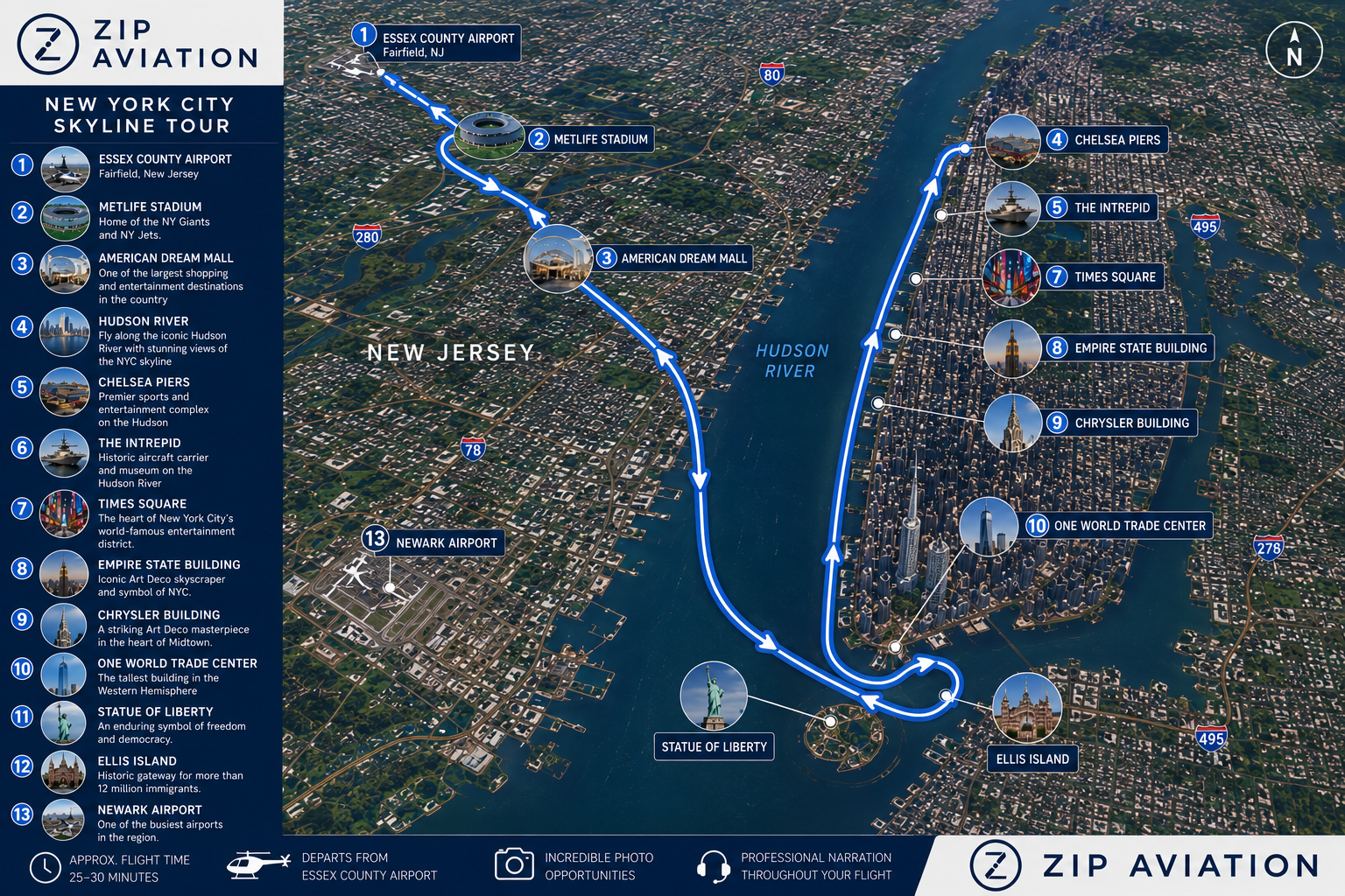 Illustrated NYC helicopter tour map with landmarks and river flight path.