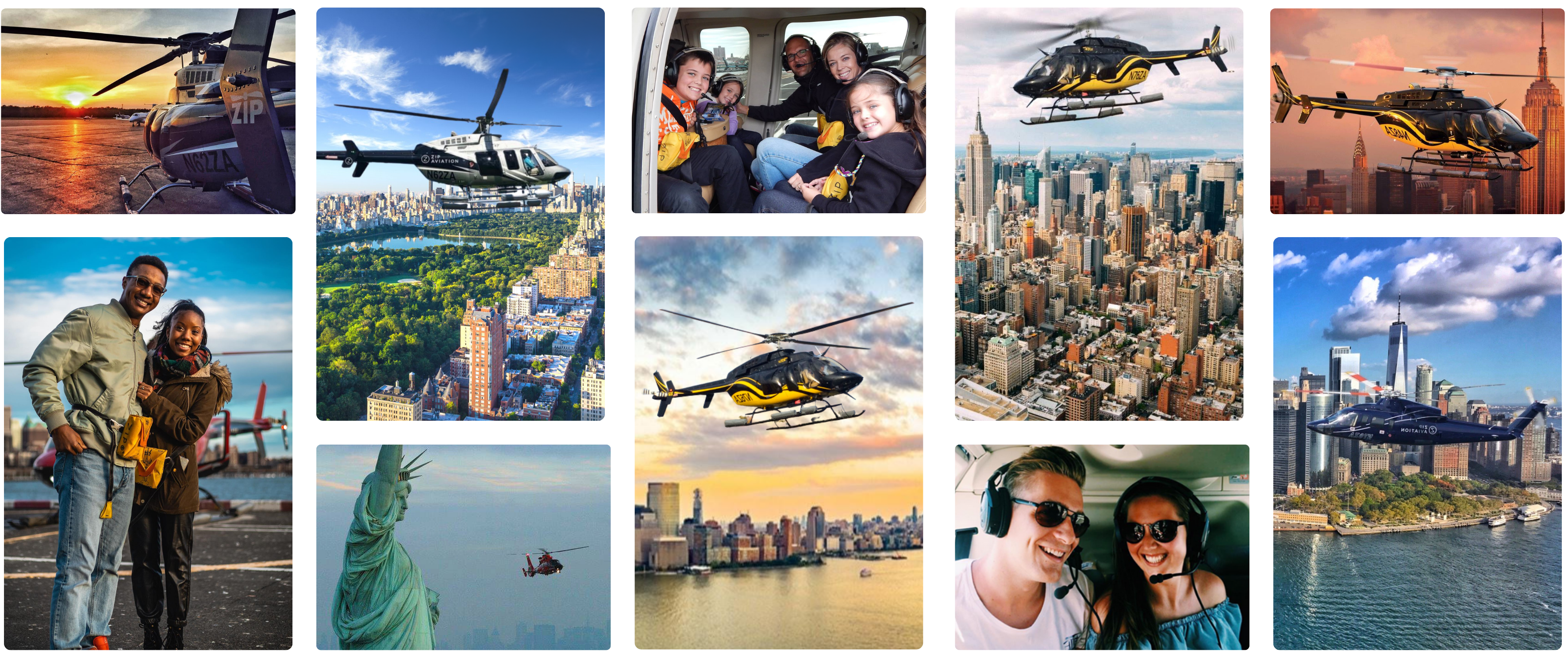 Photo collage of zip aviation's helicopter rides and NYC aerial views